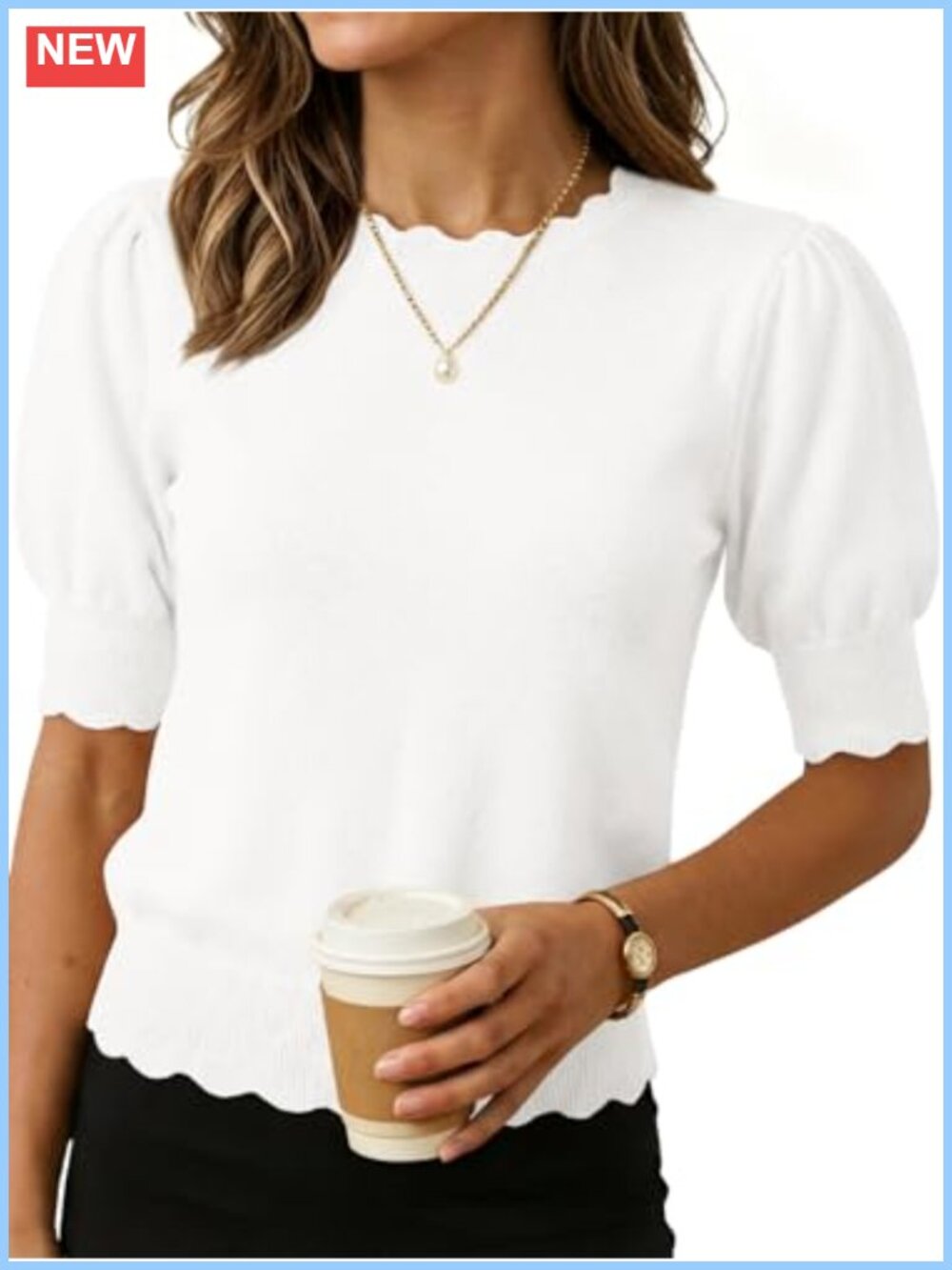 Women's Short Sleeve Sweater Scallop Crewneck Lightweight Knit Pullover